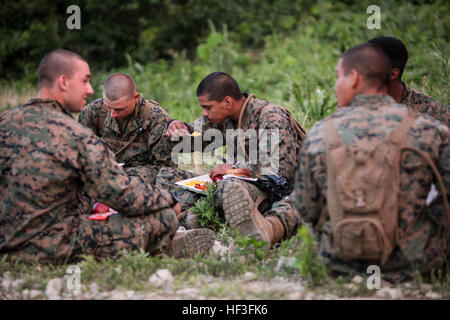 U.S. Marines with Fox Company, 2nd Battalion, 24th Marines, 23rd Marine Regiment, 4th Marine Division, Marine Forces Reserve enjoy hot rations in celebration of the fourth of July, served traditionally, by the Staff Non-commissioned Officers and Officers of the unit during Korean Marine Exchange Program 15-8 at the Seusong-Ri Ranges near Pohang, South Korea as a part of Peninsula Express 15, July 4th, 2015. Peninsula Express is one in a series of regularly-scheduled combined, small-unit, tactical training exercises that demonstrates continued dedication to the ROK-U.S. relationship, contributi Stock Photo