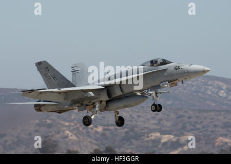 A U.S. Marine F/A-18 Super Hornet assigned to Marine Fighter Attack Training Squadron (VMFAT) 314, Marine Aircraft Group 11, 3rd Marine Aircraft Wing, takes off from Marine Corps Air Station Miramar, San Diego, California, July 14, 2015. (U.S. Marine Corps photo by Cpl. Darien J. Bjorndal, 3rd Marine Aircraft Wing/ Released) F-A-18 Takeoff 150714-M-MF313-004 Stock Photo