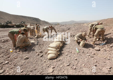 ARTA BEACH, Djibouti (July 22, 2015) U.S. Marines with the 15th Marine Expeditionary Unit fill sand bags to construct an entry control point at a cantonment area ashore during sustainment training. Elements of the 15th Marine Expeditionary Unit are ashore in Djibouti for sustainment training to maintain and enhance the skills they developed during their pre-deployment training period.  The 15th MEU is currently deployed in support of maritime security operations and theater security cooperation efforts in the U.S. 5th and 6th Fleet areas of operation. (U.S. Marine Corps photo by Sgt. Steve H.  Stock Photo