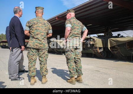 Rep. Mac Thornberry, left, speaks with Lt. Col. Robert Bodisch, center, the commanding officer of 2nd Tank Battalion, and Maj. Gen. Walter L. Miller Jr., right, the commanding general of II Marine Expeditionary Force, at Marine Corps Base Camp Lejeune, N.C., March 18, 2016. Thornberry is also the Chairman of the House Armed Services Committee, and met with units from II MEF to discuss readiness, personnel and equipment-related issues. (U.S. Marine Corps photo by Cpl. Lucas Hopkins/Released) U.S. Representative discusses force issues with Marines 160318-M-TR086-421