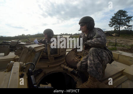 Sgt. 1st Class Joseph Tejeda, left, and Spc. Michael Peach, both members of a tank crew with the Tennessee Army National Guard’s H Troop, 2nd Squadron, 278th Armored Cavalry Regiment, scan the area in front of their M1A1 Abrams tank while preparing a sketch card of the terrain in front of their battle position while competing in the Gen. Gordon Sullivan Cup best tank crew competition at Fort Benning, Ga., Tuesday, May 3, 2016. The Sullivan Cup tests tank crews from throughout the Army on everything from gunnery to mounted land navigation, maintenance and combat casualty care in a variety of ph Stock Photo