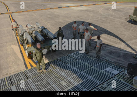 U.S. Air Force Master Sgt. Dan Warman, a loadmaster assigned to the 709th Airlift Squadron, demonstrates how to load cargo onto a U.S. Air Force Lockheed C-5 Galaxy transport aircraft at McEntire Joint national Guard Base, S.C., July 8, 2016. Approximately 300 U.S. Airmen and 12 F-16 Fighting Falcons from the 169th Fighter Wing at McEntire JNGB, S.C., are deploying to Osan Air Base, Republic of Korea, as the 157th Expeditionary Fighter Squadron in support of the U.S. Pacific Command Theater Security Package. (U.S. Air National Guard photo by Airman 1st Class Megan Floyd) SCANG TSP 747 Cargo Lo Stock Photo