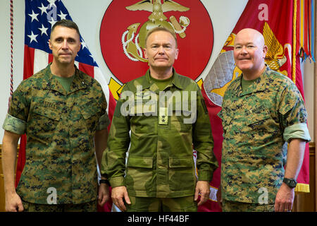 (From left to right) Brigadier Gen. Robert Castellvi, Maj. Gen. Odin Johannessen, and Maj. Gen. Walter L. Miller pose for a photo during the II Marine Expeditionary Force command brief at Camp Lejeune, N.C., Oct. 6, 2016. Johannessen, and members of his staff visited II MEF to become familiar with its organization and capabilities, to strengthen bonds with 2nd Marine Expeditionary Brigade, and to observe and discuss training and exercises. Johannessen serves as the Norwegian Army Chief of Staff. Castellvi is the commanding general of 2nd MEB and Miller is the commanding general of II MEF. (U.S Stock Photo