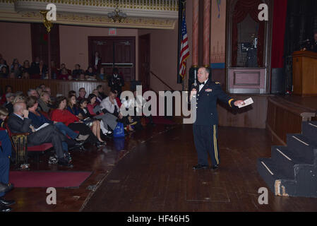 12/7/16 - U.S. Army Maj. Gen. Frank Vavala,  Adjutant General of the Delaware National Guard welcomes guests to the holiday concert by the 287th Army Band at the Grand Opera House in Wilmington, Delaware, December 7, 2016. (U.S. Army National Guard photo by Staff Sgt. James Pernol/Released) Guard Holiday Concert 120716-Z-GL773-0060 Stock Photo