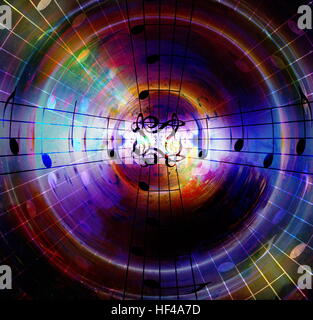 music note and silhouette music speaker and Space with stars. abstract ...