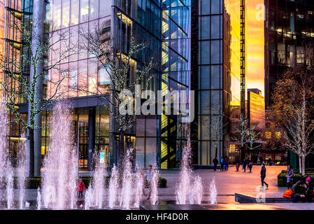 Fountains and London City Hall Buildings on a beautiful evening. Stock Photo