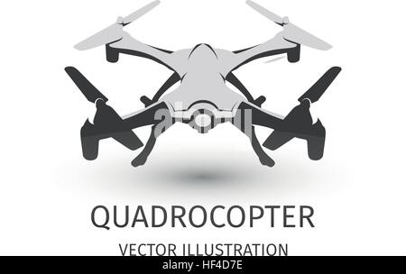 Isolated rc drone logo on white. UAV technology logotype. Unmanned aerial vehicle icon. Remote control device sign. Surveillance vision multirotor. Vector quadcopter illustration. Stock Vector