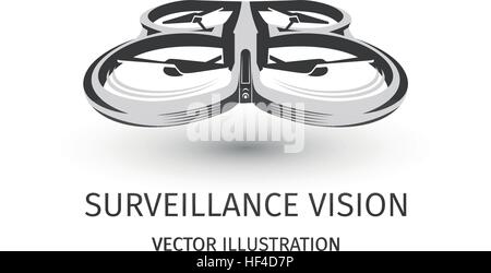 Isolated rc drone logo on white. UAV technology logotype. Unmanned aerial vehicle icon. Remote control device sign. Surveillance vision multirotor. Vector quadcopter illustration. Stock Vector