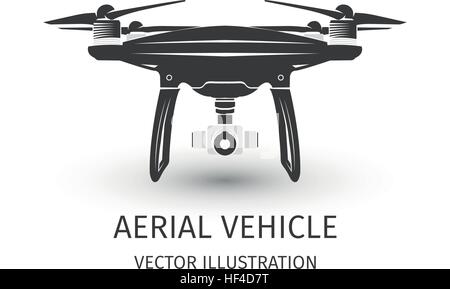 Isolated rc drone logo on white. UAV technology logotype. Unmanned aerial vehicle icon. Remote control device sign. Surveillance vision multirotor. Vector quadcopter illustration. Stock Vector