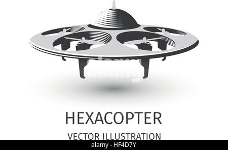 Isolated rc drone logo on white. UAV technology logotype. Unmanned aerial vehicle icon. Remote control device sign. Surveillance vision multirotor. Vector hexacopter illustration. Stock Vector