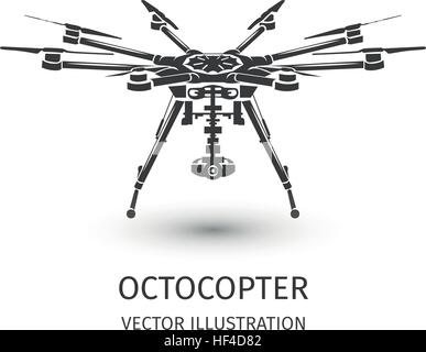 Isolated rc drone logo on white. UAV technology logotype. Unmanned aerial vehicle icon. Remote control device sign. Surveillance vision multirotor. Vector octocopter illustration. Stock Vector