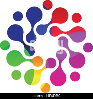 Digital colorful isolated circle logo template. Stylized abstract snowflake, flower or sun vector illustration. Polka dots round sign. Stock Vector