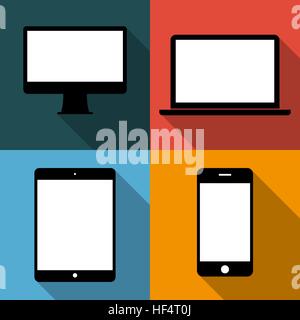 Set of techniques in flat, phones, tablets, monitors, laptops on colored backgrounds, vector Stock Vector