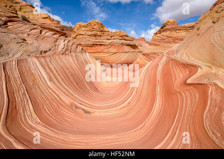 The Wave - A wide-angle sunny midday view of center of The Wave in North Coyote Buttes area at the Arizona-Utah border, USA. Stock Photo