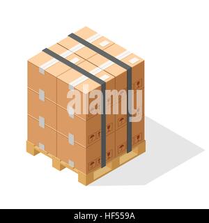 Stack of cartons on wooden pallets. Isometric graphics isolated on white background. Stock Vector