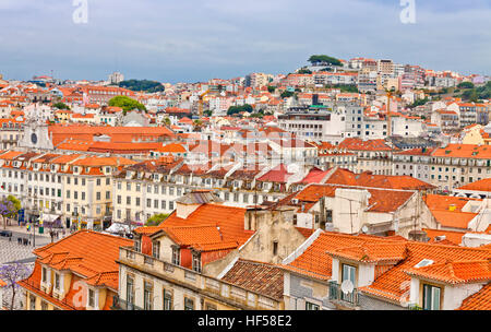 Rooftops of Lisbon city, Portugal. Skyline view over Rossio Square Stock Photo