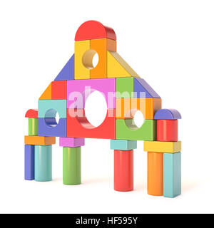 Plastic toy blocks, little castle front. 3D render illustration isolated on white background Stock Photo