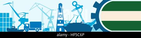 Cargo port relative icons set. Rotterdam flag in gear. Stock Vector