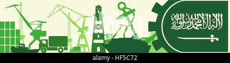 Cargo port relative icons set. Saudi Arabia flag in gear. Stock Vector