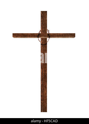 Easter Christian faith. Cross with crown of thorns. Isolated on white. Stock Photo