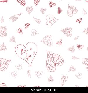 Seamless pattern with different size hand-drawn hearts on white background. Stock Vector