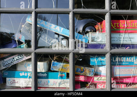 Boardgames in pub window Stock Photo