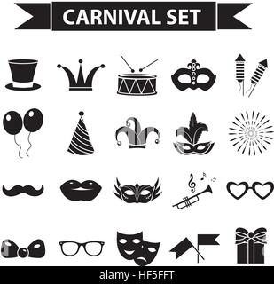 Carnival icon set, black silhouette style. Party, masquerade collection signs, symbols, isolated on white background. Vector illustration clip-art. Stock Vector