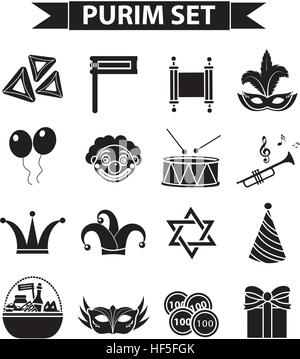Happy Purim carnival icons set, black silhouette style. Jewish holiday collection signs, symbols, isolated on white background. Vector illustration clip-art Stock Vector