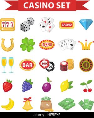 Casino icons, flat style. Gambling set isolated on a white background. Poker, card games, one-armed bandit, roulette collection of design elements. Vector illustration, clip art. Stock Vector