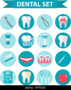 Dental icon set, flat style. Stomatology kit isolated on white ...