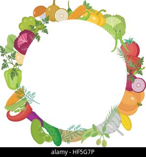 Vegetables round frame with space for text. Flat style. Isolated on white background. Healthy lifestyle, vegan, vegetarian diet, raw food. Vector illustration. Stock Vector