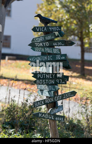 Distance sign in the Westminster West, a small community in Windham County, Vermont. Stock Photo