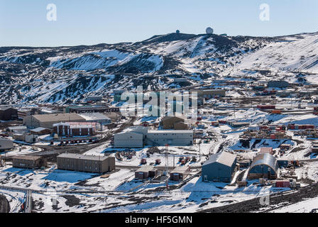 Looking down on McMurdo Station from Observation Hill, Ross Island, Antarctica. Stock Photo