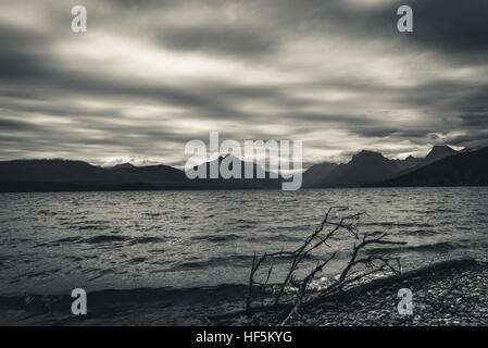 Lake McDonald on an overcast day. Black and white. Stock Photo