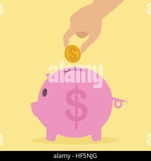 fat piggy bank coin insert drawing flat illustration pig Stock Vector