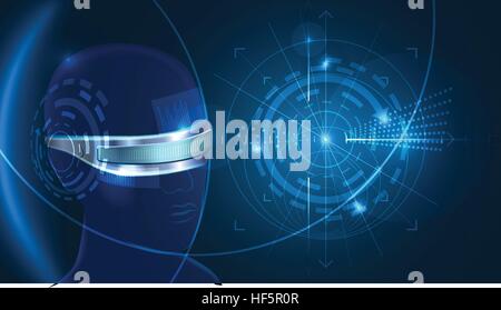 Vector Futuristic Concept With Human Head Silhouette, Glasses and Graphic Elements, Eps10 Vector, Gradient Mesh and Transparency Used Stock Vector