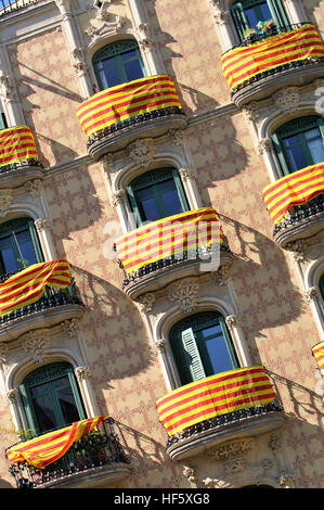 Catalonia Flags on balconies. St. George´s Day, Ramos Houses. 1906. Lesseps square. Barcelona, Catalonia, Spain Stock Photo