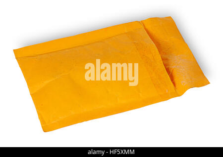 Open used yellow envelope isolated on white background Stock Photo