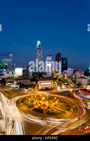 Dusk twilight skyline cityscape view of District 1 and Bitexco Financial Tower in Ho Chi Minh City, Vietnam. Stock Photo