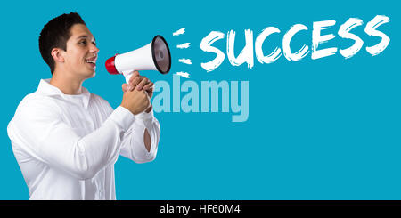 Success successful career business concept leadership young man megaphone bullhorn Stock Photo