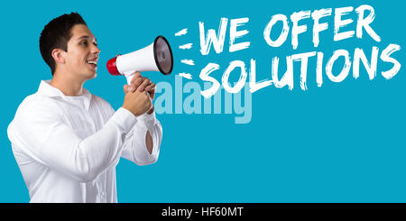 We offer solutions solution for problem business concept success help young man megaphone bullhorn Stock Photo