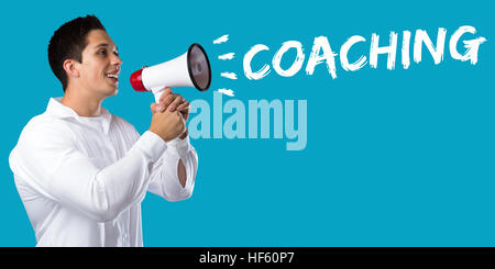 Coaching mentoring education training workshop learning seminar young man megaphone bullhorn Stock Photo