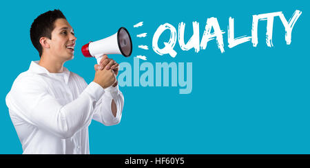 Quality control management success business concept successful young man megaphone bullhorn Stock Photo