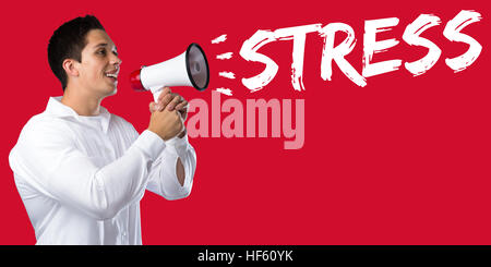 Stress stressed business concept burnout at work relaxed young man megaphone bullhorn Stock Photo