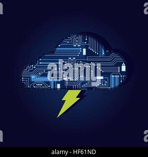 Lightning and cloud with a technological electronics circuit. Stock Vector