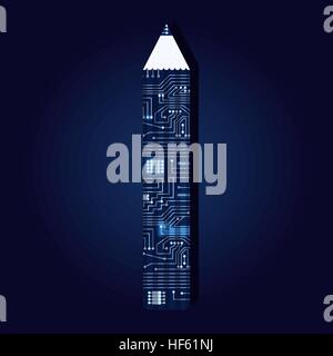 Pencil with a technological electronics circuit. Stock Vector