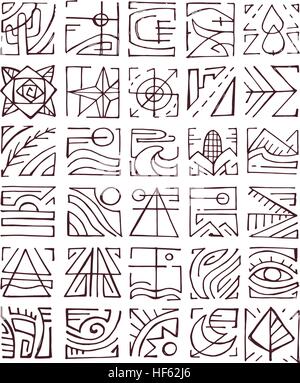 Hand drawn vector illustration or drawing of different abstract indigenous symbols Stock Vector
