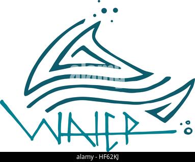 Hand drawn vector illustration or drawing of a wave, bubbles and the word Water Stock Vector