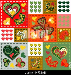 Patchwork colorful with hearts and butterfly. Seamless pattern. Scrapbooking series. Vector background. Stock Vector