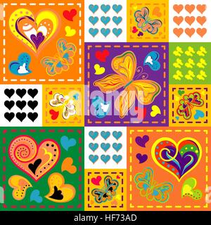Patchwork colorful with hearts and butterfly. Seamless pattern. Scrapbooking series. Vector background. Stock Vector